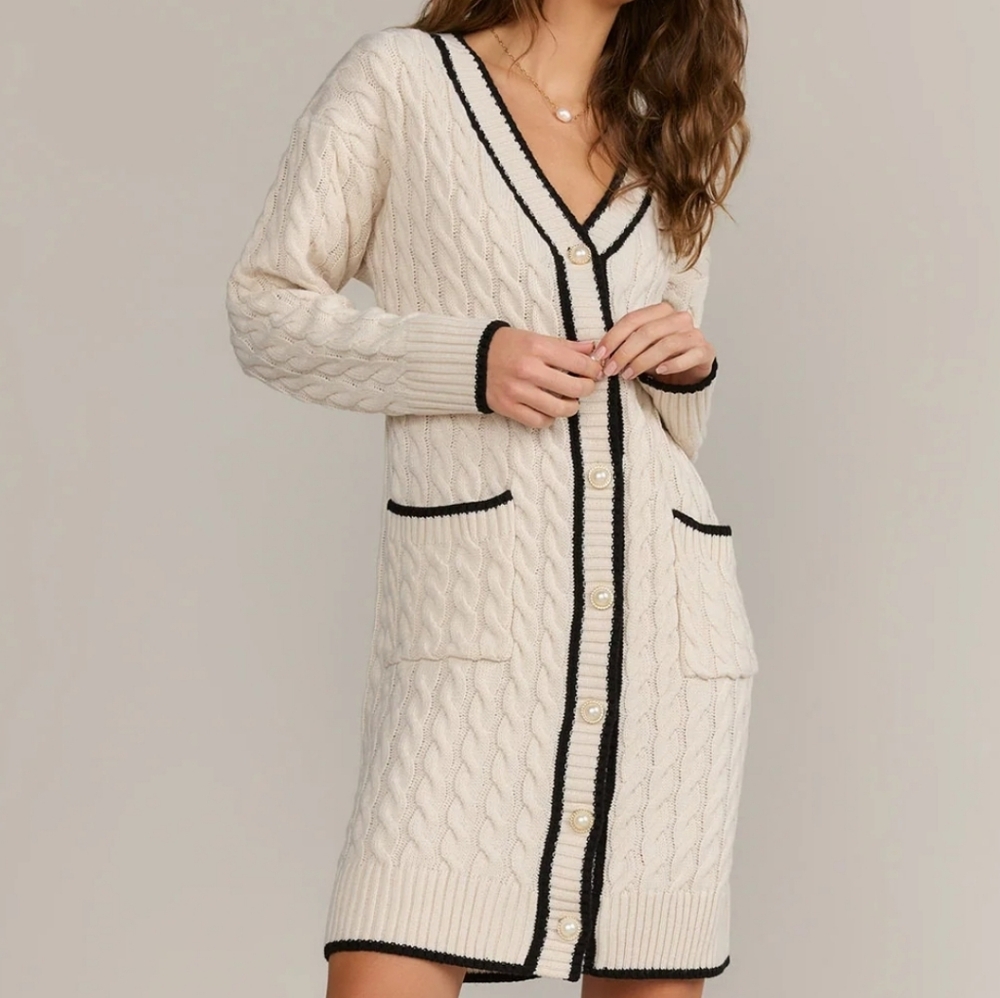 FORE Longline Cable Knit Cardigan Sweater/Dress, Size Large